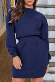 Royal Blue Casual Solid Patchwork O Neck Straight Dresses
