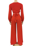 Red Elegant Solid Bandage Patchwork V Neck Long Sleeve Two Pieces