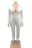 White Casual Solid Split Joint Hooded Collar Plus Size Jumpsuits