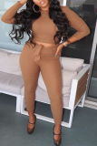 Coffee Casual Solid Patchwork O Neck Long Sleeve Two Pieces