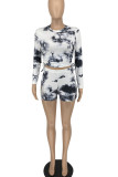 White Casual Print Tie Dye Patchwork Frenulum O Neck Long Sleeve Two Pieces