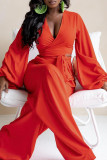 Red Elegant Solid Bandage Patchwork V Neck Long Sleeve Two Pieces