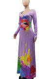 Light Purple Casual Print Patchwork V Neck Long Sleeve Dresses