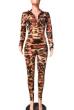 Leopard Print Sexy Print Leopard Patchwork Zipper Collar Skinny Jumpsuits