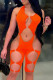 Orange Sexy Solid Hollowed Out Backless Halter Skinny Romper