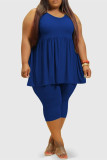 Blue Fashion Casual Solid Vests O Neck Plus Size Two Pieces