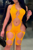 Yellow Sexy Solid Hollowed Out Backless Halter Skinny Romper
