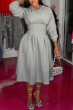 Grey Casual Solid Patchwork Hooded Collar Cake Skirt Dresses