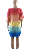 Rainbow Color Casual Gradual Change Patchwork O Neck T-Shirts