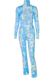 Blue Sexy Print Patchwork Half A Turtleneck Long Sleeve Two Pieces
