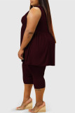 Burgundy Fashion Casual Solid Vests O Neck Plus Size Two Pieces