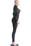 Black Fashion Sexy Adult Solid See-through Fold O Neck Skinny Jumpsuits