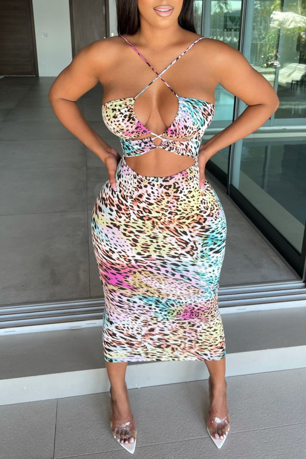 Pink Fashion Sexy Print Hollowed Out Backless Spaghetti Strap Sleeveless Dress