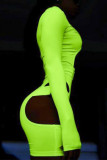 Fluorescent Green Sexy Solid Patchwork See-through Zipper Collar Skinny Rompers