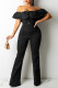 Black Casual Solid Patchwork Buttons Flounce Off the Shoulder Regular Jumpsuits