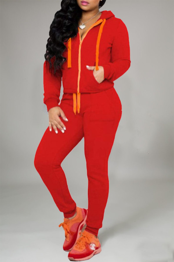 Red Casual Solid Patchwork Zipper Hooded Collar Long Sleeve Two Pieces