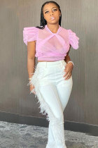 Light Pink Patchwork Solid perspective ruffle O Neck T-Shirts