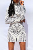 White Sexy Print Patchwork Half A Turtleneck Pencil Skirt Dresses