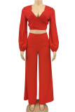 Red Elegant Solid Bandage Patchwork V Neck Long Sleeve Two Pieces