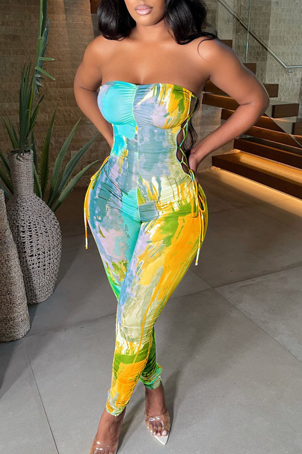 Yellow Sexy Print Hollowed Out Patchwork Frenulum Strapless Skinny Jumpsuits