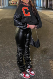 Black Casual Street Print Patchwork Zipper Collar Outerwear