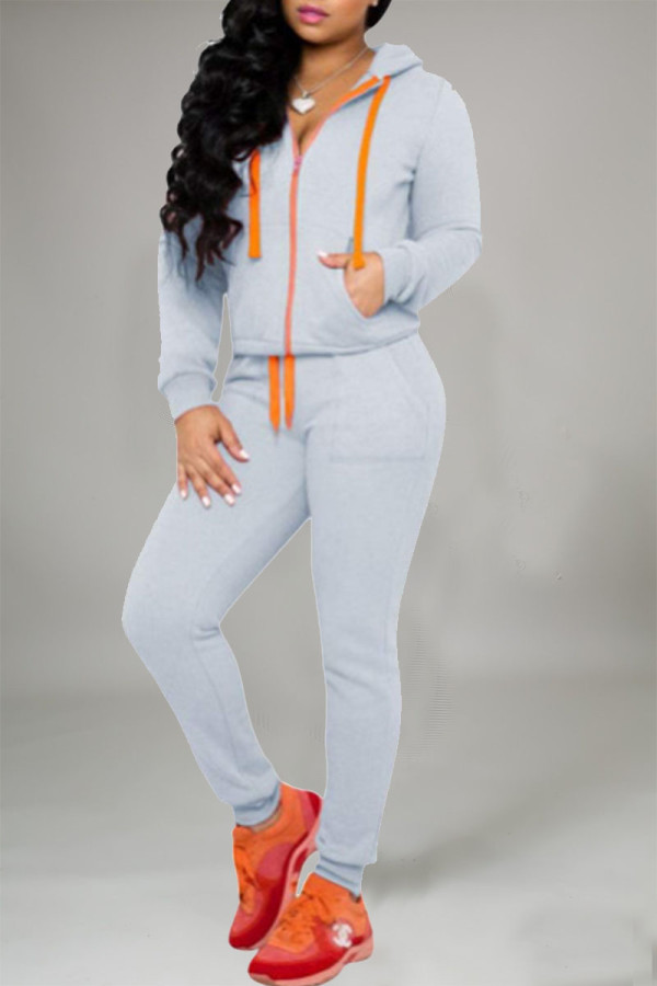 Grey Casual Solid Patchwork Zipper Hooded Collar Long Sleeve Two Pieces