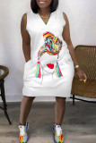 White Casual Print Patchwork V Neck Straight Dresses