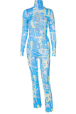 Blue Sexy Print Patchwork Half A Turtleneck Long Sleeve Two Pieces