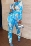 Blue Sexy Print Patchwork Half A Turtleneck Long Sleeve Two Pieces