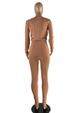 Coffee Casual Solid Patchwork O Neck Long Sleeve Two Pieces