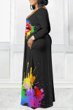 Light Purple Casual Print Patchwork V Neck Long Sleeve Dresses