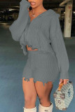 Grey Casual Solid Tassel Patchwork Hooded Collar Long Sleeve Two Pieces
