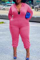 Pink Casual Solid Split Joint Hooded Collar Plus Size Jumpsuits