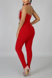Red Sexy Sleeveless Off The Shoulder Skinny Patchwork Jumpsuits