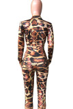 Leopard Print Sexy Print Leopard Patchwork Zipper Collar Skinny Jumpsuits