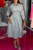 Grey Casual Solid Patchwork Hooded Collar Cake Skirt Dresses