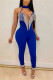 Blue Sexy Sleeveless Off The Shoulder Skinny Patchwork Jumpsuits