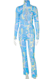 Blue Sexy Print Patchwork Half A Turtleneck Long Sleeve Two Pieces