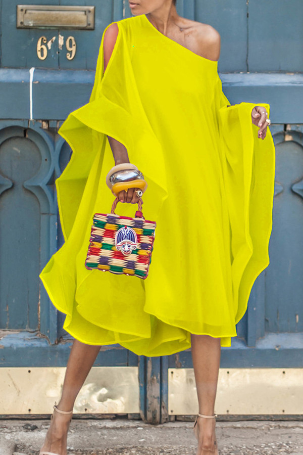 Yellow Sweet Bat-wing Sleeves Asymmetrical Chiffon Mid Calf Dress
