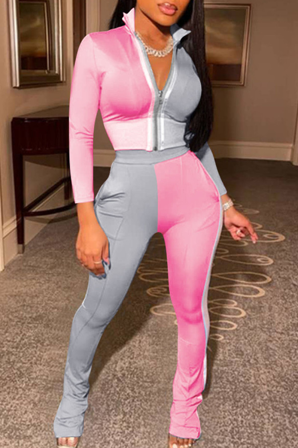 Pink Casual Solid Patchwork Zipper Zipper Collar Long Sleeve Two Pieces