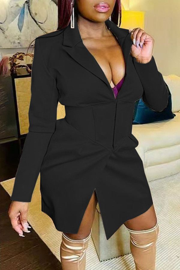 Black Casual Solid Patchwork Turn-back Collar Outerwear