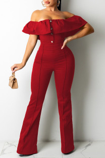 Red Casual Solid Patchwork Buttons Flounce Off the Shoulder Regular Jumpsuits