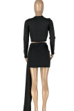 Red Sexy Solid Hollowed Out Patchwork Asymmetrical O Neck Long Sleeve Two Pieces