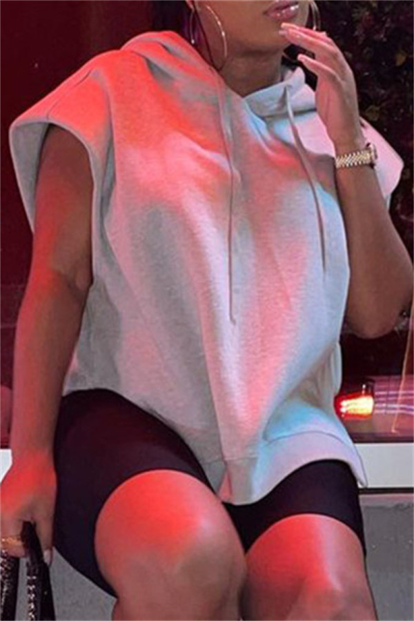Grey Fashion Casual Solid Basic Hooded Collar Tops