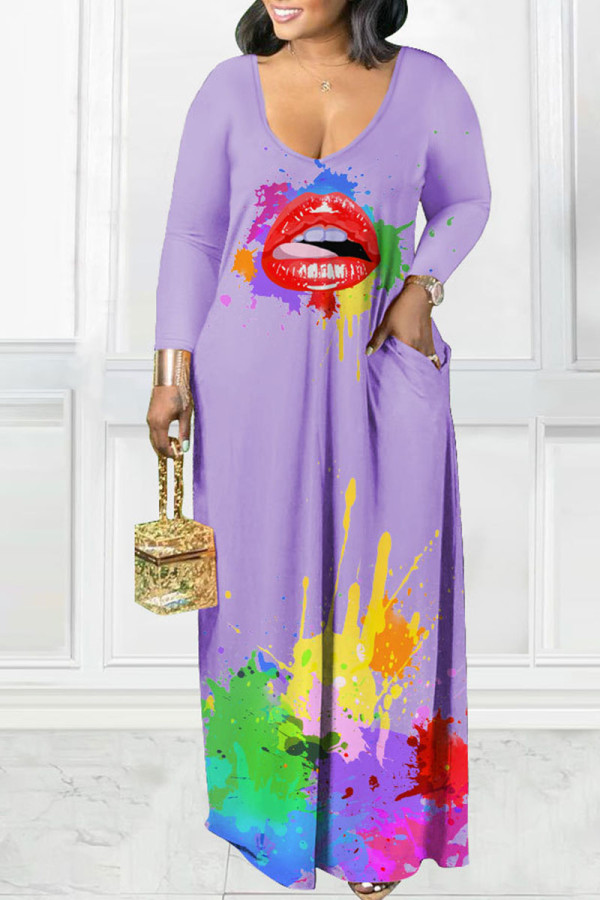 Light Purple Casual Print Patchwork V Neck Long Sleeve Dresses
