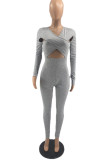 Grey Sexy Solid Hollowed Out Patchwork O Neck Skinny Jumpsuits