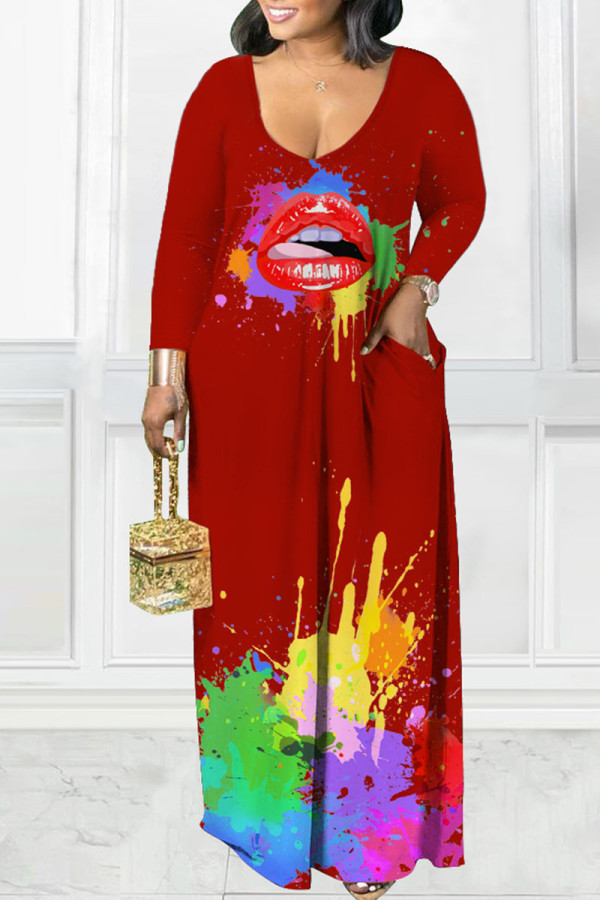 Burgundy Casual Print Patchwork V Neck Long Sleeve Dresses