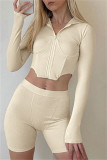 Apricot Fashion Casual Solid Zipper Hooded Collar Long Sleeve Two Pieces