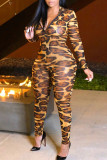 Leopard Print Sexy Print Leopard Patchwork Zipper Collar Skinny Jumpsuits