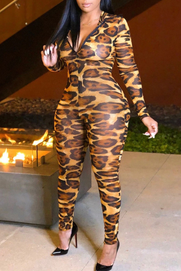 Leopard Print Sexy Print Leopard Patchwork Zipper Collar Skinny Jumpsuits